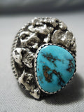 Interesting Vintage Native American Navajo Kingman Turquoise Sterling Silver Ring Old-Nativo Arts