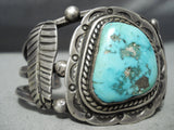 Hefty Thick Vintage Native American Navajo Turquoise Leaf Flank Sterling Silver Bracelet Old-Nativo Arts