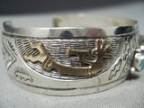 Rare Vintage Native American Navajo Gold Bear Carico Lake Turquoise Sterling Silver Bracelet-Nativo Arts