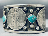 Signed San Felipe Royston Turquoise Sterling Silver Coin Bracelet-Nativo Arts