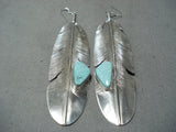 4 Inch Native American Navajo Old Kingman Turquoise Sterling Silver Large Feather Earrings-Nativo Arts