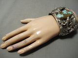 Huge Heavy Native American Navajo #8 Turquoise Sterling Silver Lizard Bracelet Cuff-Nativo Arts