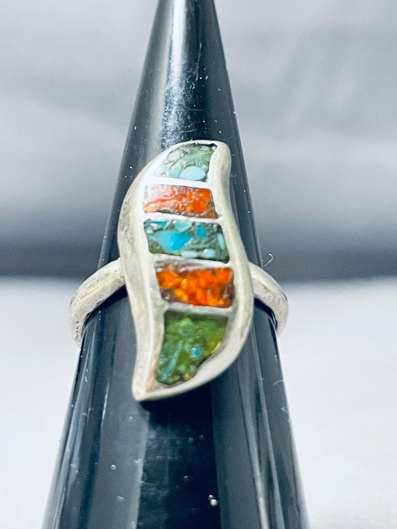 Noteworthy Vintage Native American Navajo Chip Inlay Turquoise Coral Sterling Silver Ring-Nativo Arts