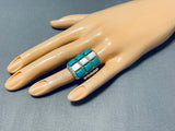 Native American One Of The Best Vintage Zuni Turquoise Inlay Sterling Silver Ring- Heavy-Nativo Arts