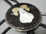 Huge Vintage Zuni Native American Ram Sterling Silver Shell Bolo Tie Old-Nativo Arts