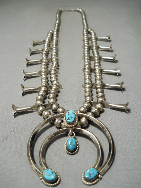 Dramatic Vintage Native American Navajo Turquoise Sterling Silver Squash Blossom Necklace-Nativo Arts