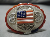 Important Native American Navajo Red White Blue Lapis Coral Sterling Silver Ring-Nativo Arts