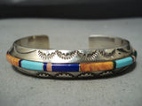 Thick Sturdy Vintage Native American Navajo Turquoise Inlay Sterling Silver Bracelet-Nativo Arts