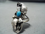 Amazing Vintage Native American Navajo Blue Gem Turquoise Sterling Silver Leaf Ring Old-Nativo Arts