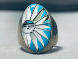 One Of The Best Vintage Mens Native American Zuni Turquoise Inlay Sterling Silver Ring Old-Nativo Arts
