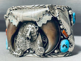 Big Mens Native American Navajo Turquoise Coral Sterling Silver Bear Bracelet-Nativo Arts