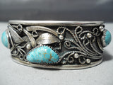 Extreme Detail! Vintage Native American Navajo Pilot Mountain Turquoise Sterling Silver Bracelet-Nativo Arts