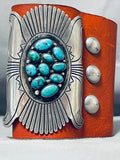 Spectacular Vintage Native American Navajo Turquoise Sterling Silver Leather Bowguard-Nativo Arts