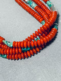 Native American Authentic Singer Coral Turquoise Sterling Silver Tubule Necklace-Nativo Arts