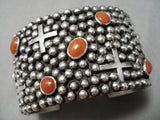 Superior Christian Cross Native American Navajo Domed Coral Sterling Silver Bracelet-Nativo Arts