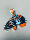 Brilliant Native American Navajo Signed Coral Jet Turquoise Inlay Sterling Silver Bear Pendant-Nativo Arts