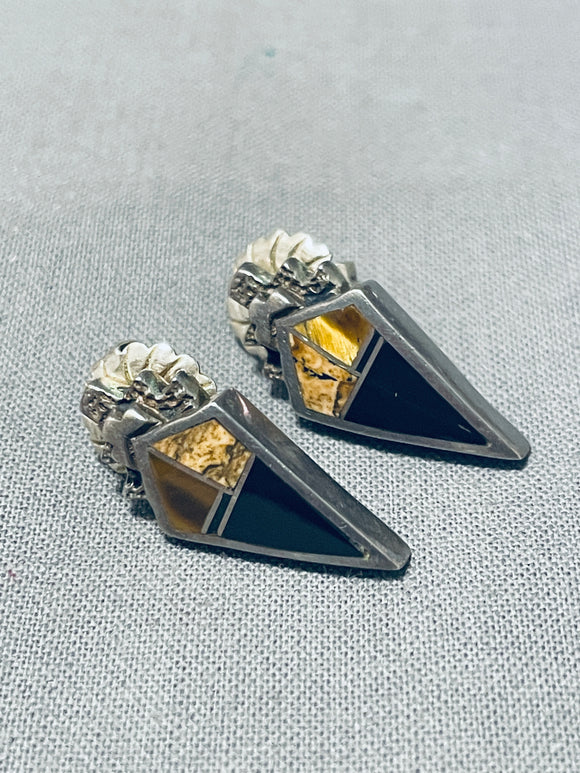 Unique Vintage Native American Navajo Brown Stone Sterling Silver Inlay Earrings-Nativo Arts