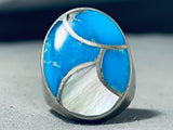 Huge Heavy Vintage Native American Navajo Turquoise Sterling Silver Pearl Ring Old-Nativo Arts