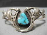 Native American Marvelous Vintage Detailed Turquoise Sterling Silver Horse Shoe Bracelet Old-Nativo Arts
