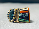 Native American Lander Blue Turquoise Vintage 14k Gold Richard Tsosie Inlay Turquoise Ring-Nativo Arts