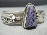 Thick Heavy Vintage Native American Navajo Charoite Sterling Silver Feather Bracelet-Nativo Arts