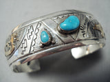 Rare Vintage Native American Navajo Gold Bear Carico Lake Turquoise Sterling Silver Bracelet-Nativo Arts