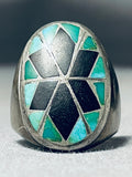 Native American One Of Best Early Thicker Vintage Navajo Turquoise Inlay Sterling Silver Ring-Nativo Arts
