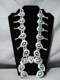 Huge 246 Gram Vintage Native American Navajo Turquoise Sterling Silver Squash Blossom Necklace-Nativo Arts