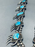 Turquoise Paw Heavy Vintage Native American Navajo Sterling Silver Squash Blossom Necklace-Nativo Arts