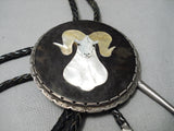 Huge Vintage Zuni Native American Ram Sterling Silver Shell Bolo Tie Old-Nativo Arts
