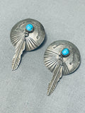 Detailed Vintage Native American Navajo Turquoise Sterling Silver Feather Earrings-Nativo Arts