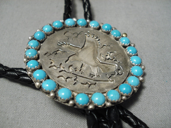 Flying Eagle Vintage Native American Navajo Snake Eyes Turquoise Sterling Silver Bolo Tie-Nativo Arts