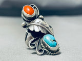 Impressive Vintage Native American Navajo Turquoise & Coral Sterling Silver Ring-Nativo Arts