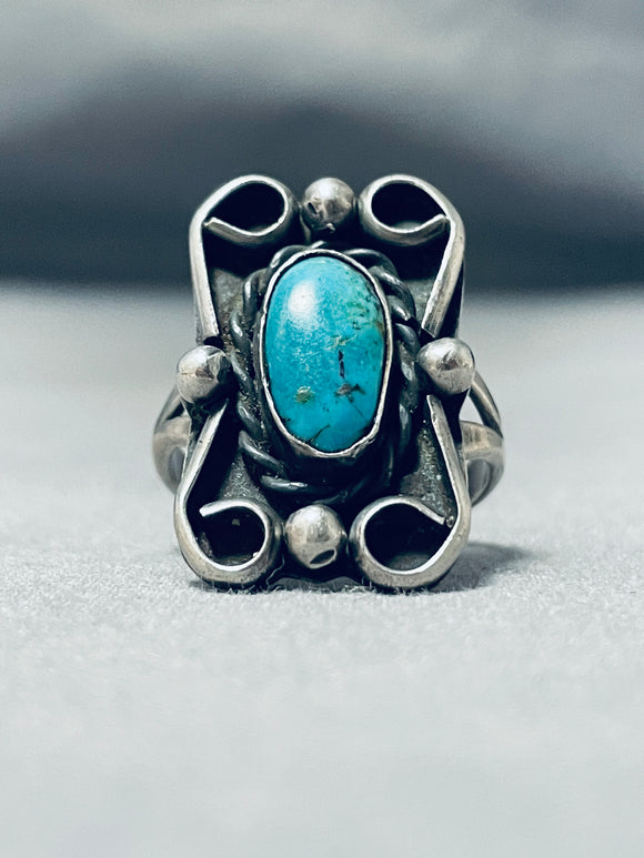 Wonderful Vintage Native American Navajo Pilot Mountain Turquoise Sterling Silver Ring-Nativo Arts