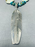 Iconic Native American Navajo Old Kingman Royston Turquoise Sterling Silver Feather Necklace-Nativo Arts