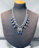 Astonishing Vintage Native American Navajo Lapis Sterling Silver Squash Blossom Necklace Signed-Nativo Arts