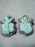 Hand Carved Eagles Vintage Native American Navajo Royston Turquoise Sterling Silver Earrings-Nativo Arts