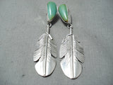 Unique Native American Navajo Royston Turquoise Sterling Silver Feather Earrings-Nativo Arts