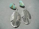 Native American Detailed Feather Genius Royston Turquoise Sterling Silver Earrings-Nativo Arts