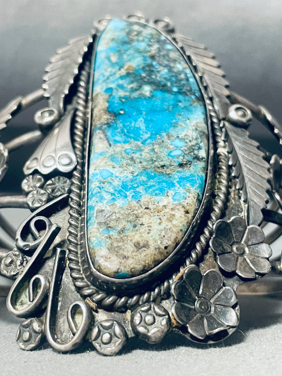 Museum Vintage Native American Navajo Long Turquoise Sterling Silver Leaf Bracelet-Nativo Arts