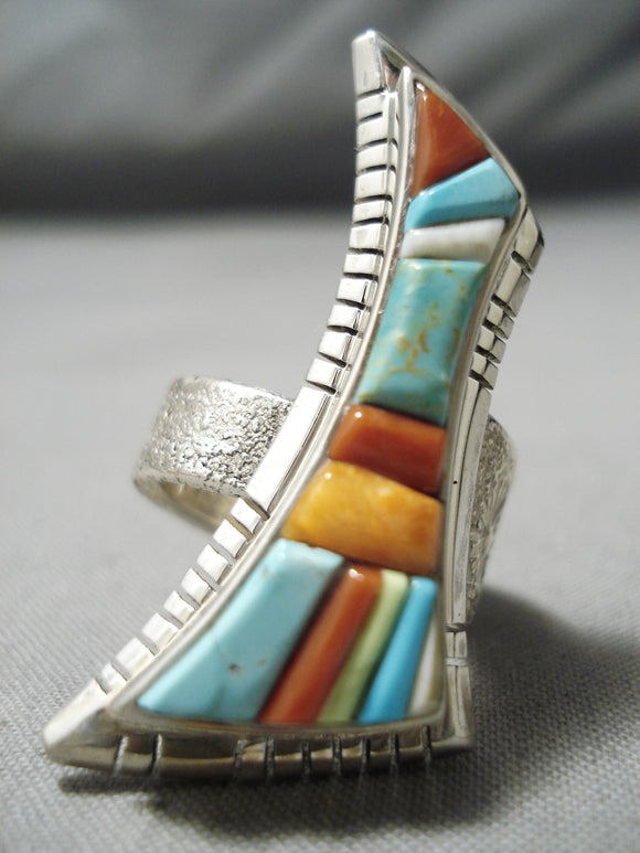 Detailed!! Vintage Native American Navajo Turquoise Inlay Sterling Silver Ring-Nativo Arts