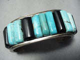 Thick Heavy Vintage Native American Navajo Carico Lake Turquoise Sterling Silver Inlay Bracelet-Nativo Arts
