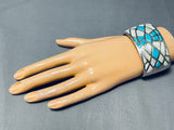 Native American One Of Most Intricate Vintage Navajo Turquoise Inlay Sterling Silver Bracelet-Nativo Arts