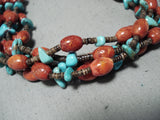 Native American Tremendous Santo Domingo 5 Strand Turquoise Coral Sterling Silver Necklace-Nativo Arts