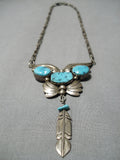 Exquisite Vintage Native American Navajo Turquoise Sterling Silver Feather Necklace Old-Nativo Arts