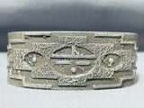 Rare Native American Navajo Signed Sterling Silver Geometric Sunface Handcarved Bracelet-Nativo Arts