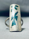 Unique Vintage Native American Navajo Turquoise Chip Inlay Waterbird Sterling Silver Ring-Nativo Arts