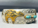 Native American Signed Turquoise Bear Sterling Silver Brass Bear Bracelet-Nativo Arts