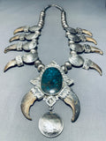 Native American 368 Gram Bear San Felipe Turquoise Sterling Silver Squash Blossom Necklace-Nativo Arts
