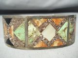 Signed Vintage Native American Navajo Lime Green Turquoise Sterling Silver Inlay Bracelet-Nativo Arts